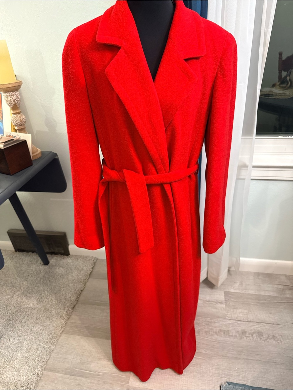 Vtg cashmere Red Long Belted Coat feminine preppy vintage business casual cozy 8